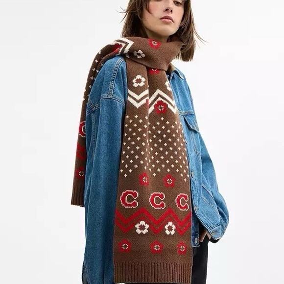 NWT Bundle Coach Fair Isle Print Knit Muffler CCW05 & Gloves CCW71 Sable Multi - Picture 9 of 14